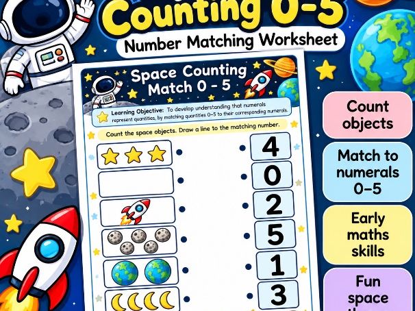 Space Counting 0-5 | Number matching Worksheet