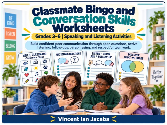Classmate Bingo & Conversation Skills Worksheets Grades 3–6 | Speaking & Listening Activities