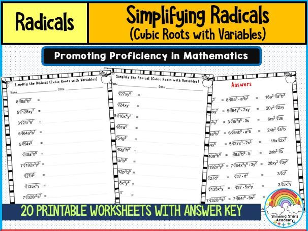 Simplifying Radicals (Cubic Roots with Variables) Worksheets | Cube Root Simplification
