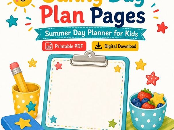 Sunny Day Plan Pages | Summer Day Planner for Kids | Printable PDF | Digital Download