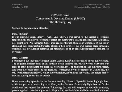 2026 GRADE 9 AQA GCSE DRAMA DEVISING LOG (PERFORMER) - 78/80