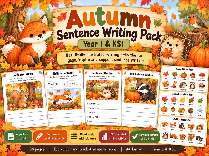Autumn Sentence Writing Pack | Year 1 & KS1 | Picture Prompts, Sentence Builders, Word Mats & Differ