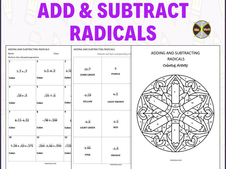 Adding & Subtracting Radicals - Color by Code/Coloring Activity