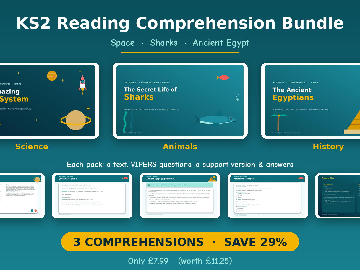 KS2 Reading Comprehension Bundle | Space, Sharks & Ancient Egypt — Differentiated VIPERS (Self-Marking)