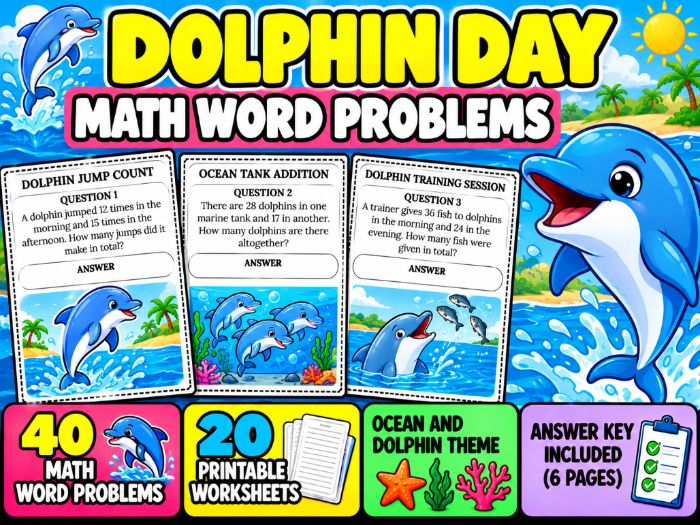Dolphin Day Math Word Problems | 40 Worksheets with Answer Key