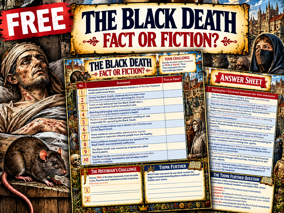 FREE GCSE Medicine Through Time Worksheet | Black Death 1348–49 | Fact or Fiction?