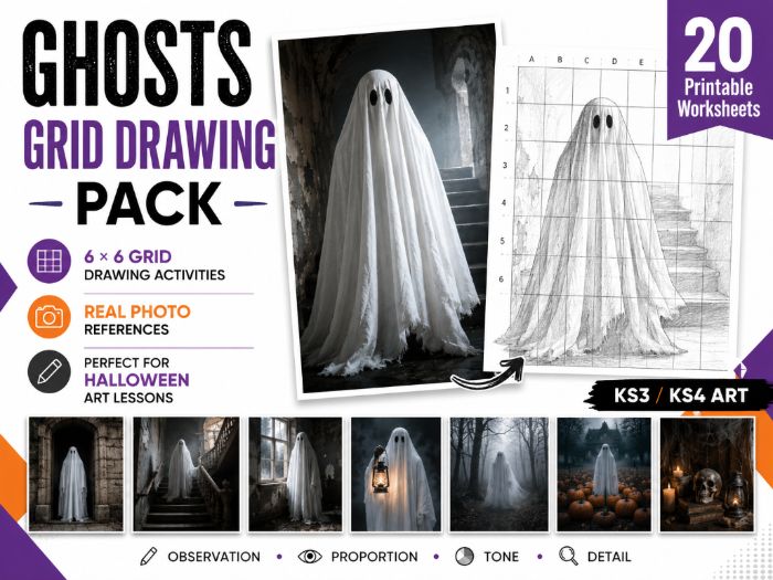 Halloween Ghosts Grid Drawing Worksheets | 20 Printable 6×6 Drawing Activities | KS3 KS4 Art