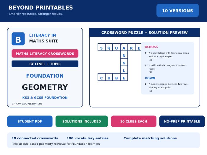 Maths Literacy Crosswords: Foundation Geometry | 10 Puzzles + Solutions