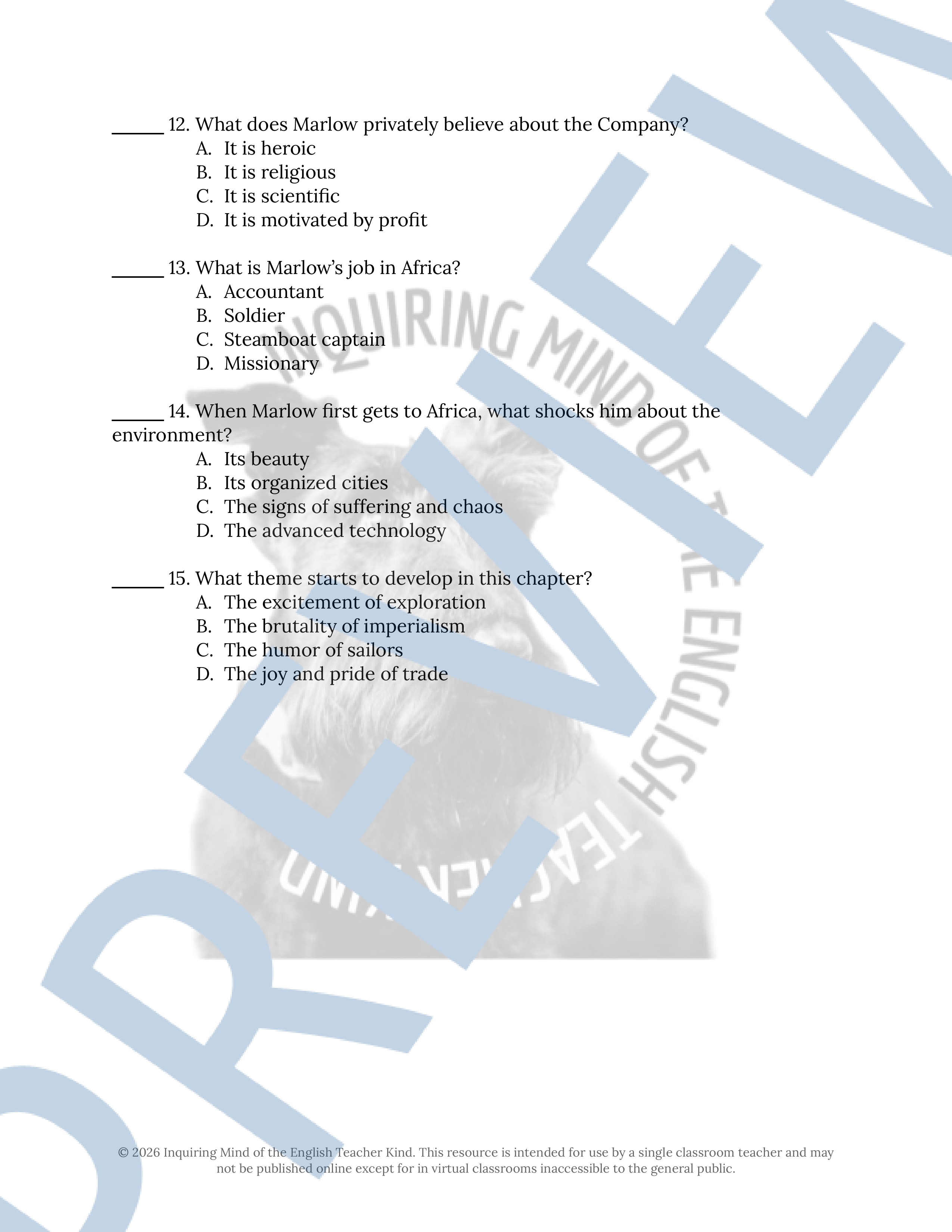 Heart of Darkness Chapter 1 Quiz and Answer Key | Reading Comprehension ...