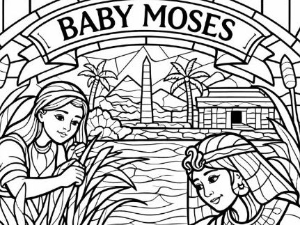 Old Testament Baby Moses Stained-Glass Window Style Colouring Page