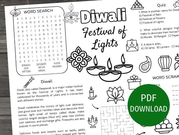Diwali Activity Placemat, Colouring Worksheet