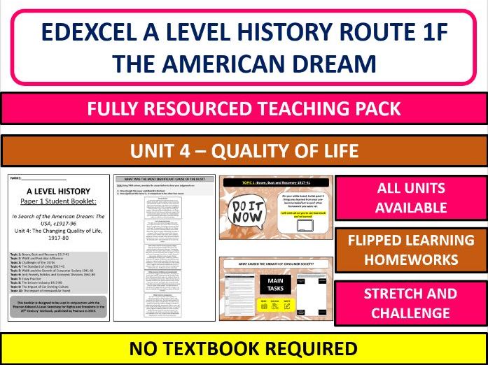 A-Level History Edexcel Route F: American Dream EQ4 Teaching Pack – Quality of Life 1917–80