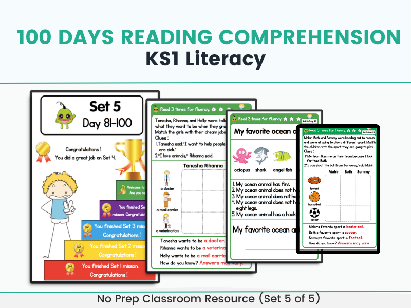 100 Days Reading Comprehension Worksheets (SET 5) for KS1 Literacy