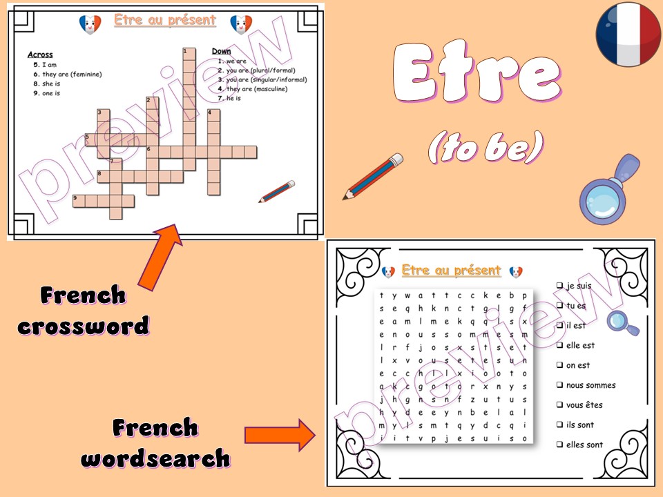 Etre | To be | French | Wordsearch | Crossword | Present tense