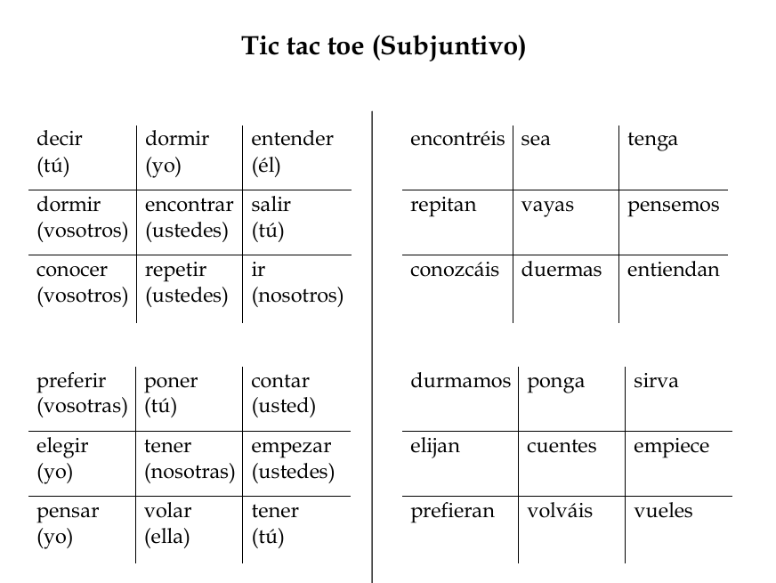Tic Tac Toe Present Subjunctive Worksheet