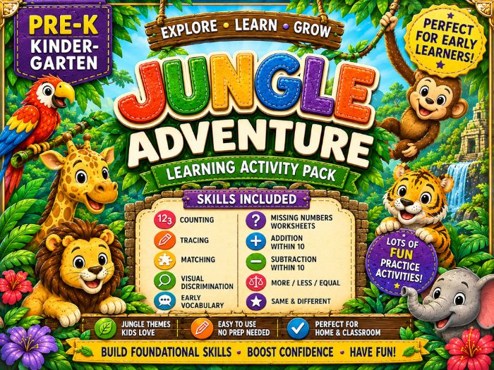 Jungle Adventure Learning Activities | Pre-K & Kindergarten Math, Tracing & Matching Worksheets