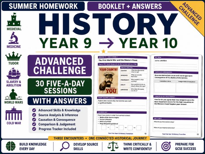 Year 9 to Year 10 History Summer Homework Booklet | Advanced Challenge | With Answers