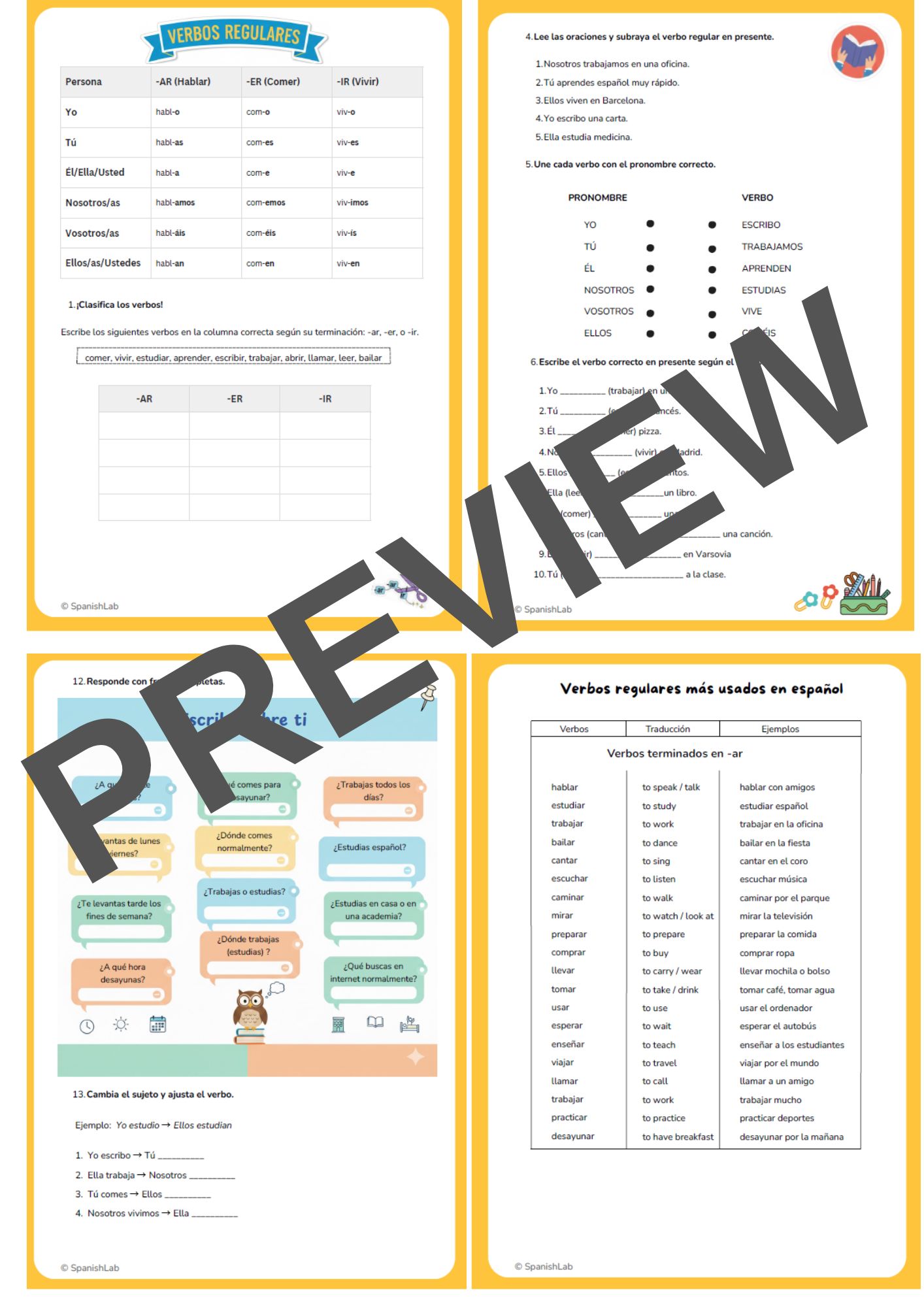 Spanish 1 Present Tense Worksheets | Regular AR ER IR Verbs Activities ...