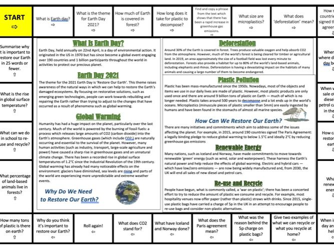 Earth Day Comprehension Board Game