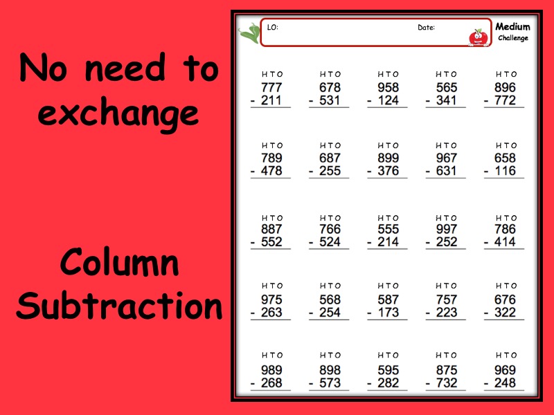 Subtraction worksheet with answers - 3 levels of differentiation KS2 Year 3 4 5 6 no exchange