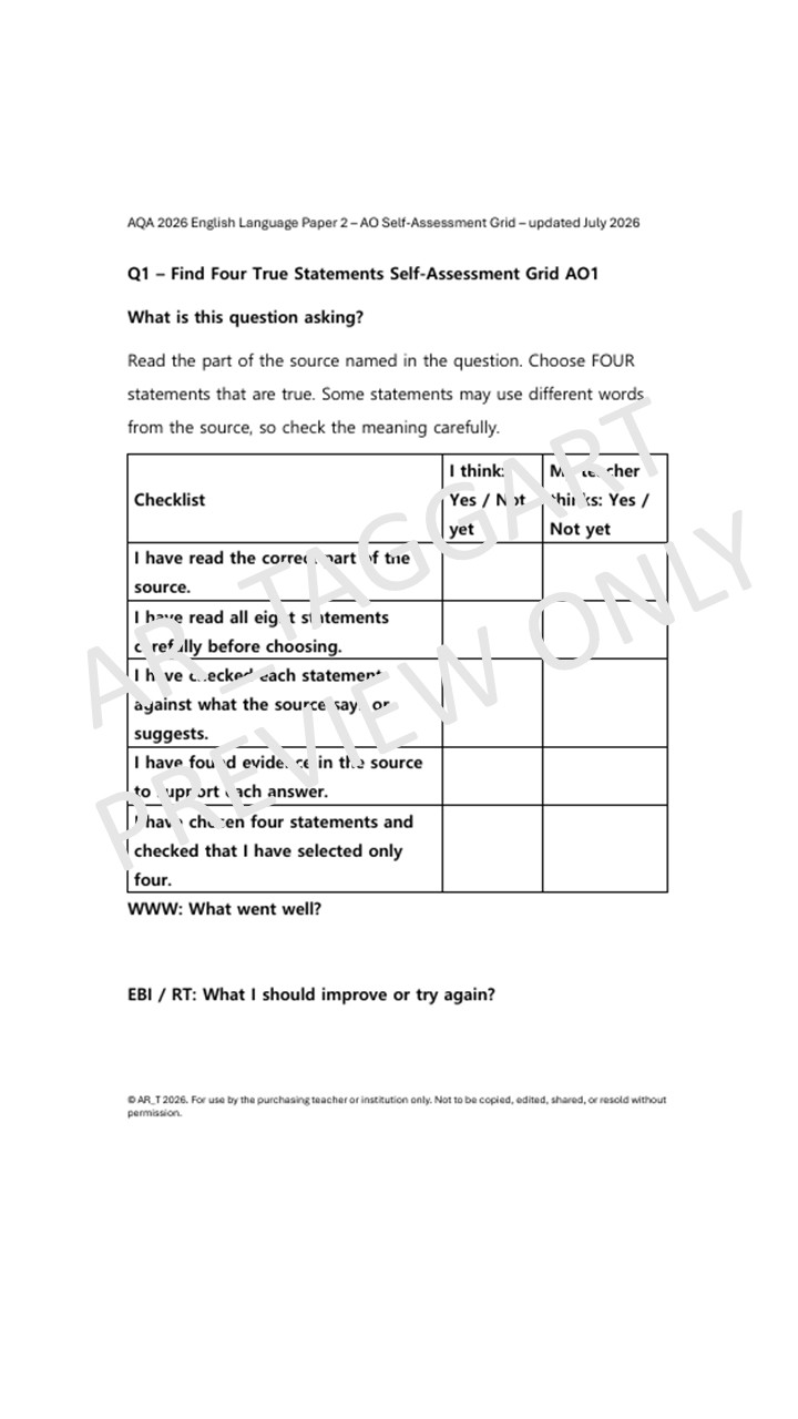 One AQA 2026 English Language Paper 2 Mock | AO Grids (Spa) | Teaching ...