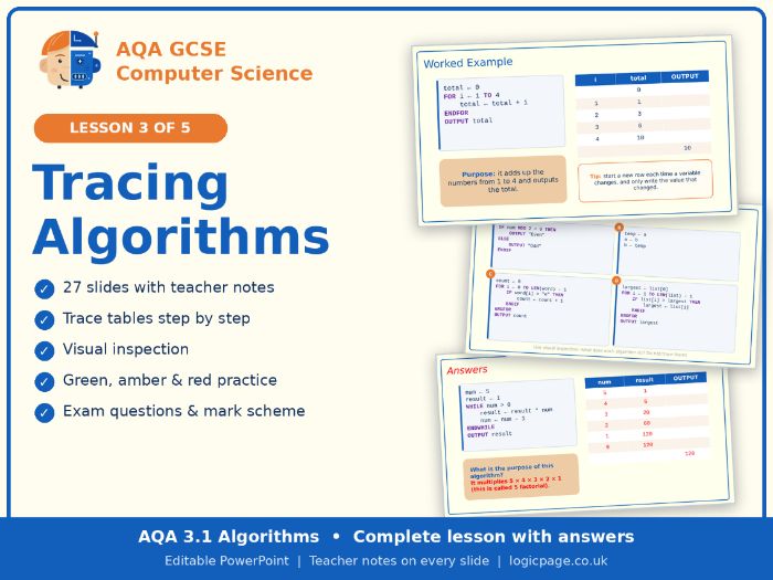 AQA GCSE Computer Science 3.1 Tracing Algorithms Lesson