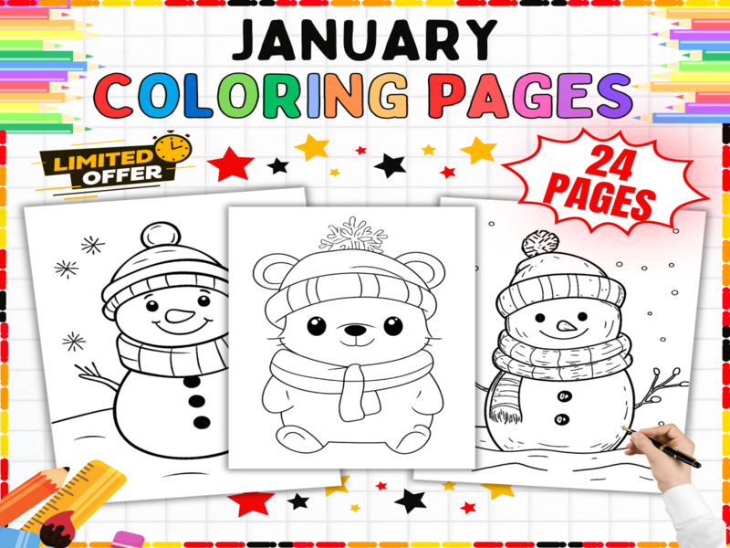 January Coloring Pages for Kids | Winter Theme Colouring Sheets | New Term Classroom Art Activity