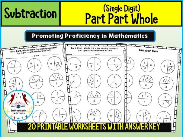 Part-Part-Whole Subtraction Worksheets (Up to 3 Parts and a Whole) (Numbers 1-9) Practice Activity