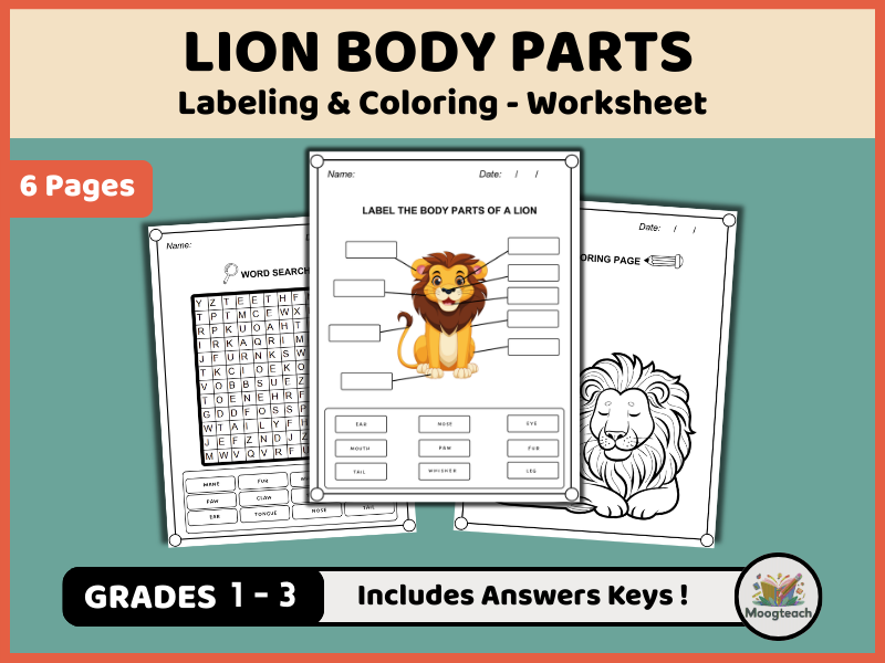 Lion Body Parts Worksheet Pack | Labeling, Coloring & Word Search Activities (K-2 Wildlife Vocabular