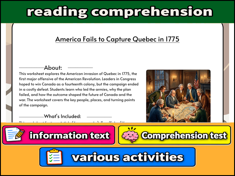 America Fails to Capture Quebec in 1775  & Comprehension Test