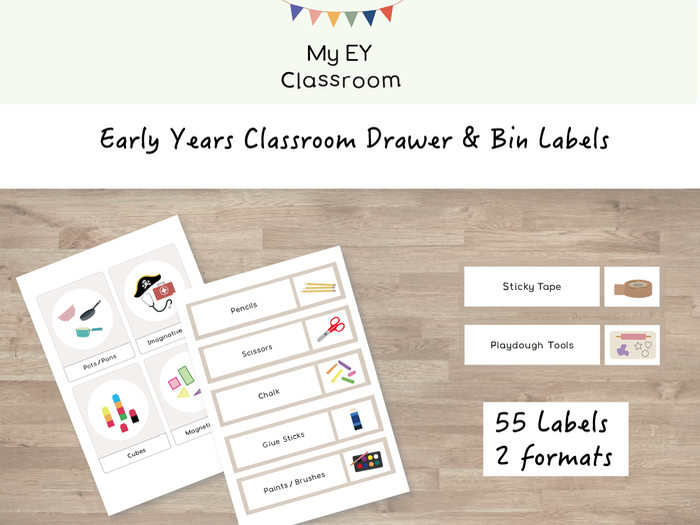 Early Years Classroom Drawer & Bin Labels - 55 Labels - 2 sizes