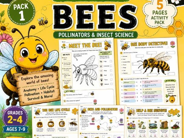 Bees: Pollinators & Insect Science — 5-Page Activity Pack ( grade 2-4)