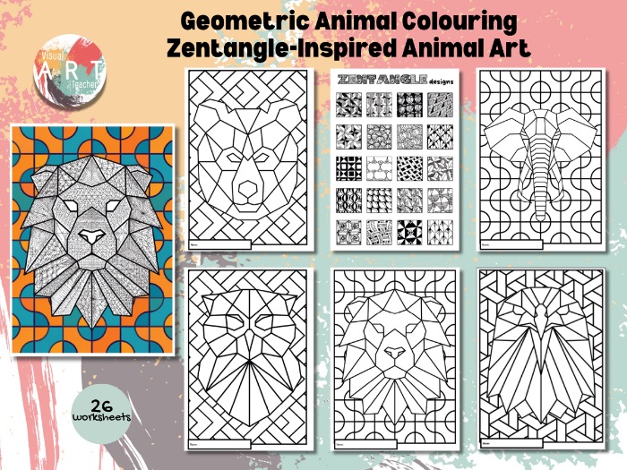 Geometric Animal Colouring Pages | Zentangle-Inspired Animal Art | Printable Art Activity