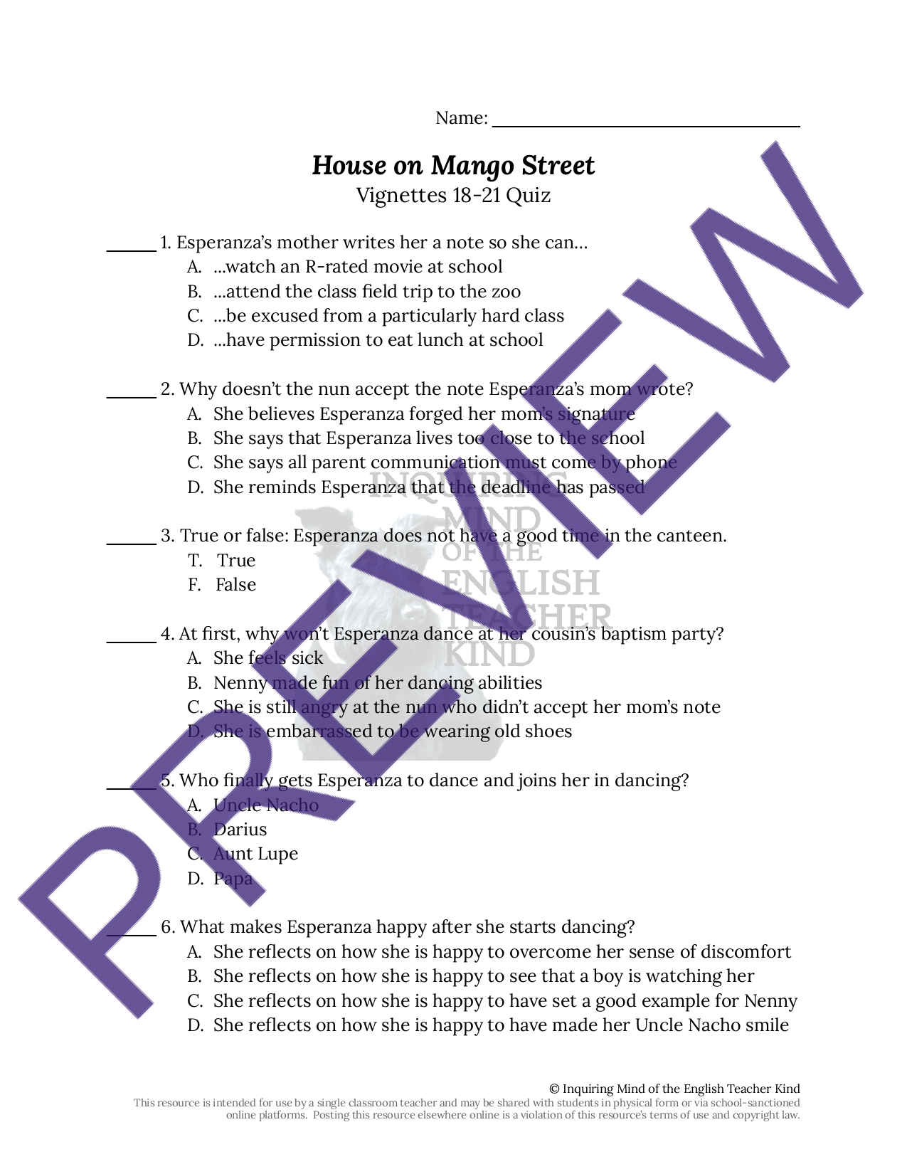 House on Mango Street Quiz on 1821 Teaching Resources