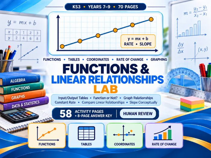 Functions & Linear Relationships Lab  KS3 Years 7–9  70-Page Maths Worksheets with Answers