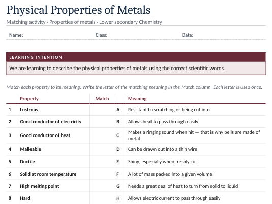 Properties of Metal Matching Worksheet