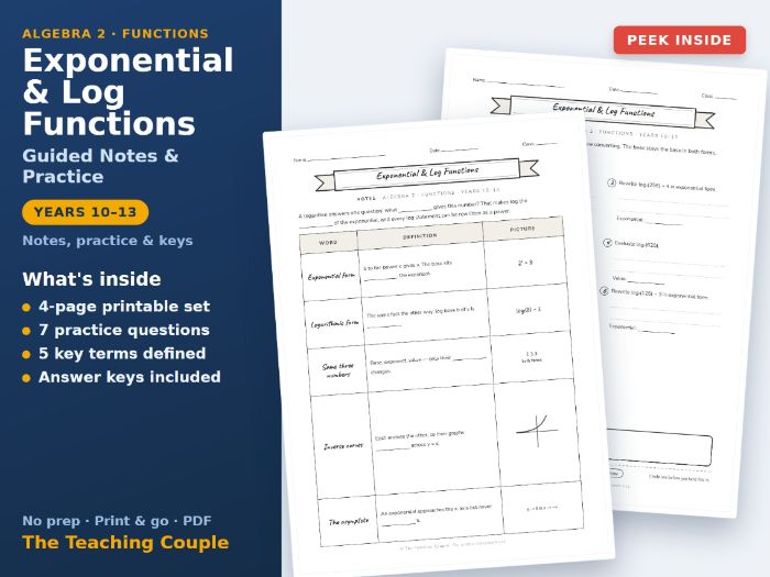 Exponential & Log Functions Sketch Notes + Answer Keys | 9-12