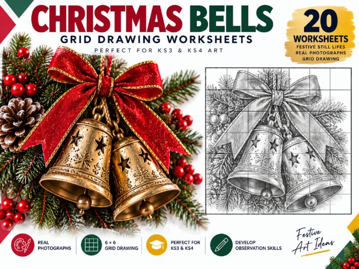 Christmas Bells Grid Drawing Worksheets | 20 Festive Drawing Activities | KS3 & KS4 Art