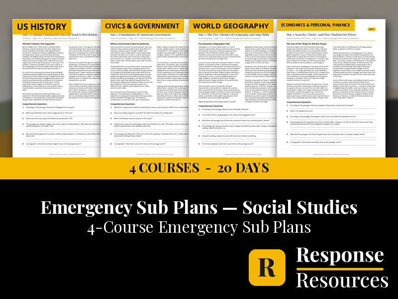 Social Studies Emergency Sub Plans BUNDLE - 4 Courses, 20 Days No Prep