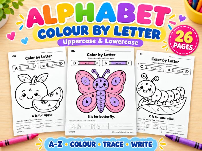 Alphabet Colour by Letter Worksheets A-Z