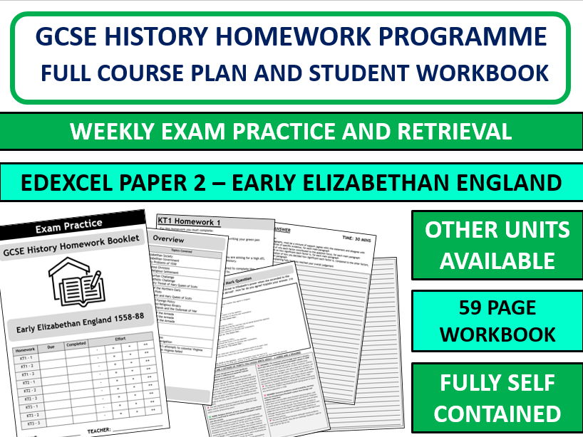 GCSE History Edexcel Elizabeth 1558–88 Weekly Homework Booklet (9 Week Exam Practice Programme)