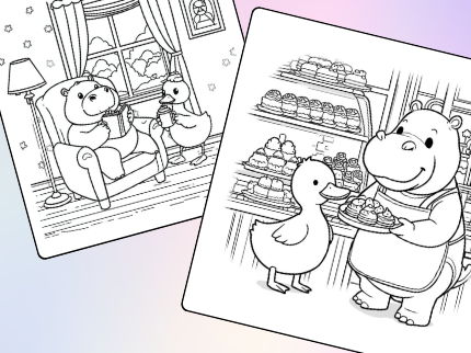 Hippo and Duck Cute Cozy Colouring in
