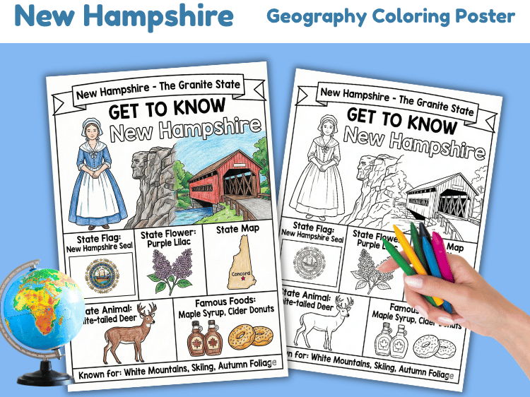 New Hampshire Geography Coloring Poster | State Facts & Symbols