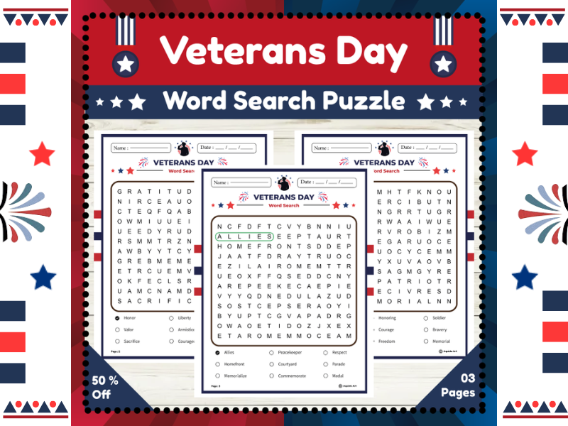 Veterans Day Word Search Puzzle : Appreciation Activity