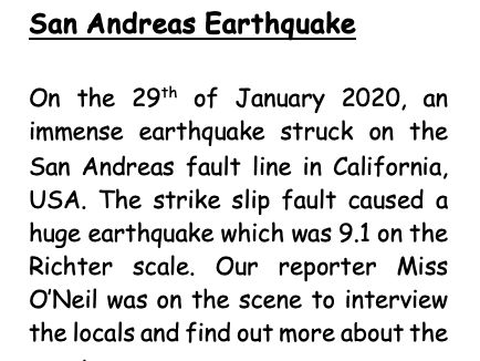 Newspaper Report Model Text - Earthquakes - Year 2-Year 3