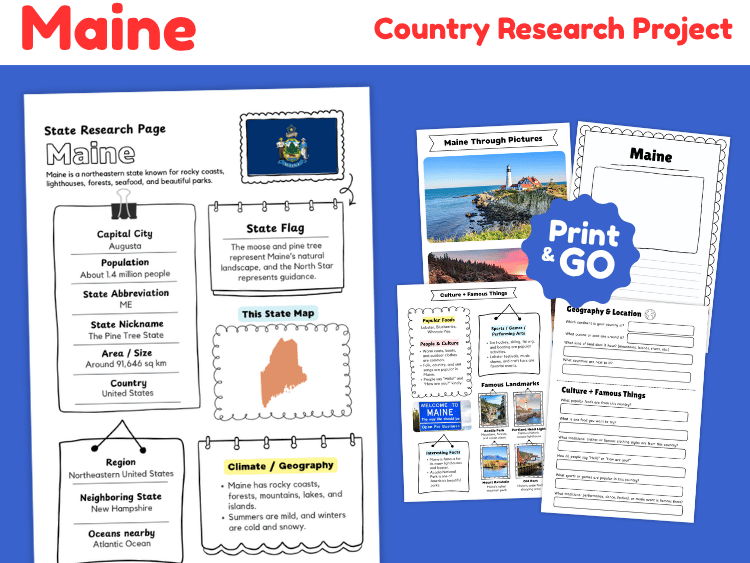 Maine State Research Project | US Geography & State Study Worksheets