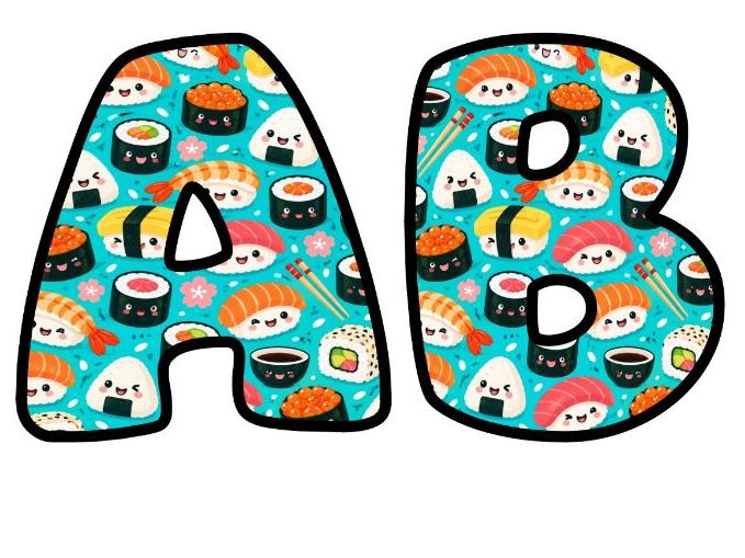 Kawaii Sushi Bubble Letters | Patterned Bulletin Board Letters | Printable Alphabet A-Z and 0-9
