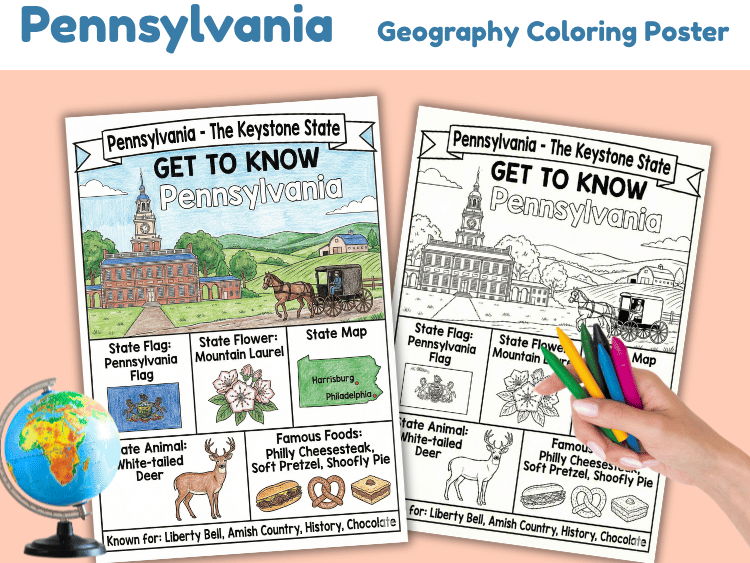 Pennsylvania Geography Coloring Poster | State Facts Worksheet