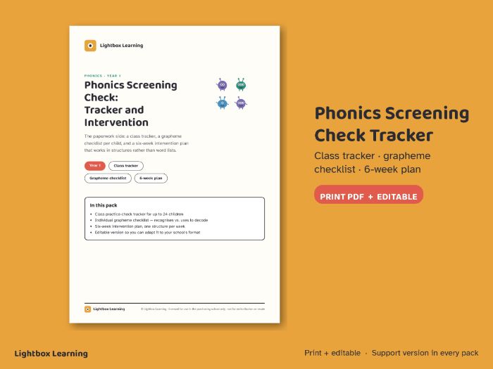 Phonics Screening Check Tracker + Intervention Sheets — Year 1 Assessment