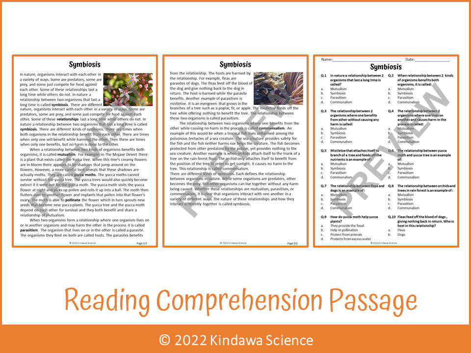 Symbiosis Reading Comprehension Passage and Questions PDF Teaching